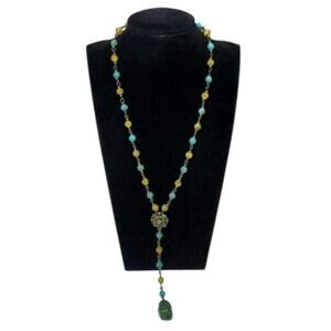 Blue and Green Y Drop Dangle Stone Necklace 14"
